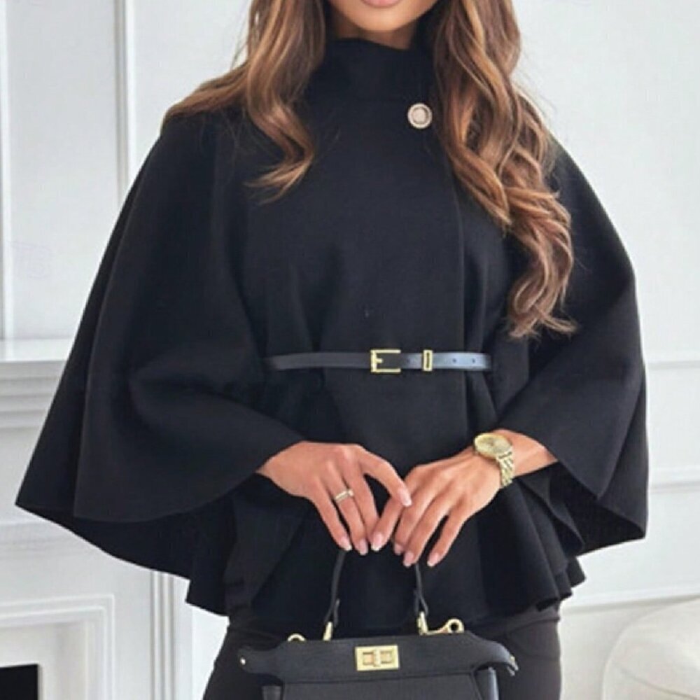 Black Casual Women's Elegant Stand Collar Loose fit belted Coat Jacket